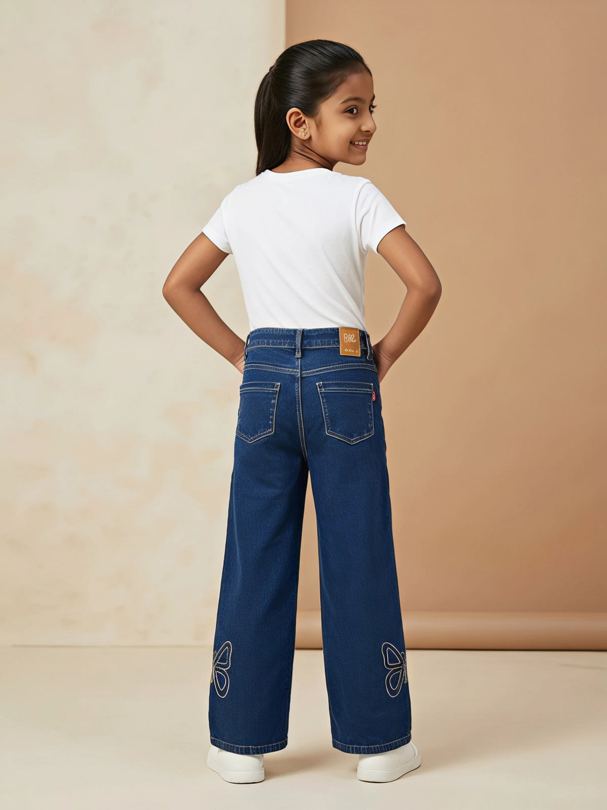 Girls Navy Blue Embroidered Wide Leg Casual Pants.