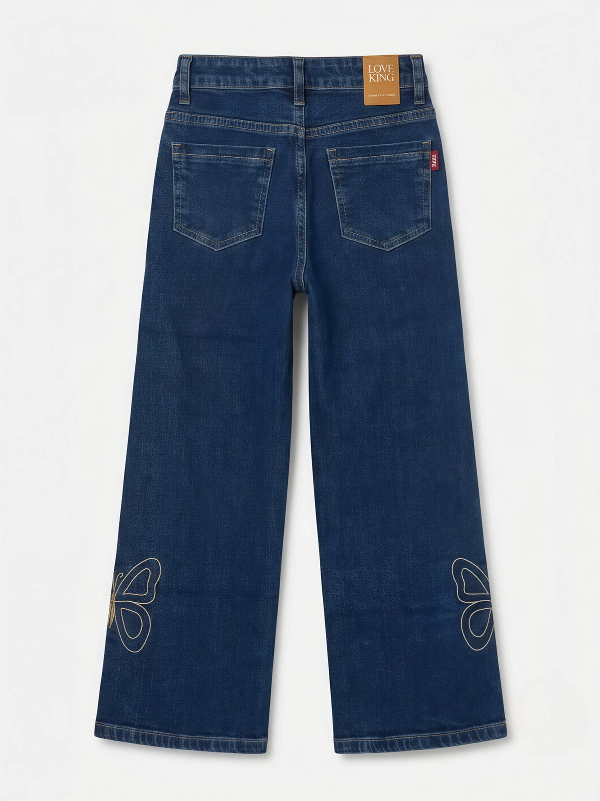 Girls Navy Blue Embroidered Wide Leg Casual Pants.