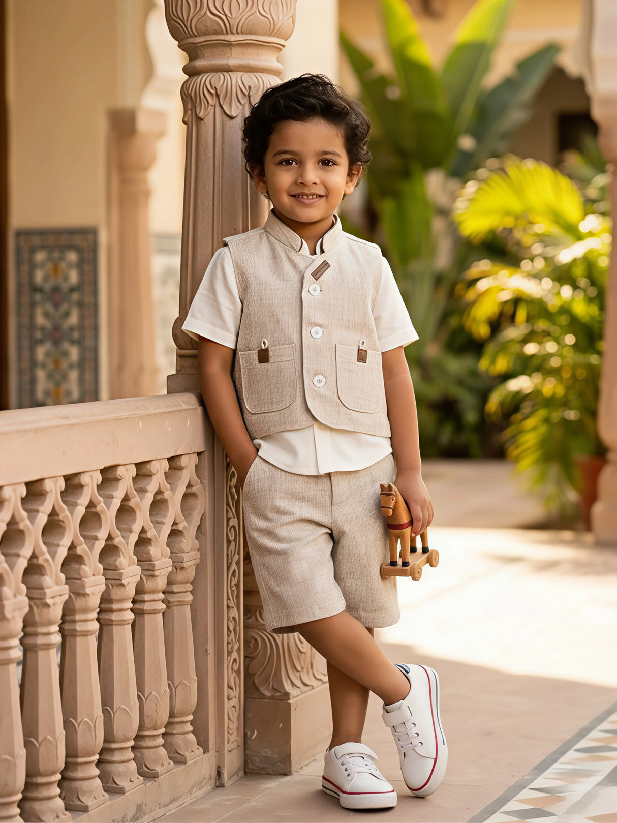 Boys' Cream Nehru Waistcoat & Shorts Set
