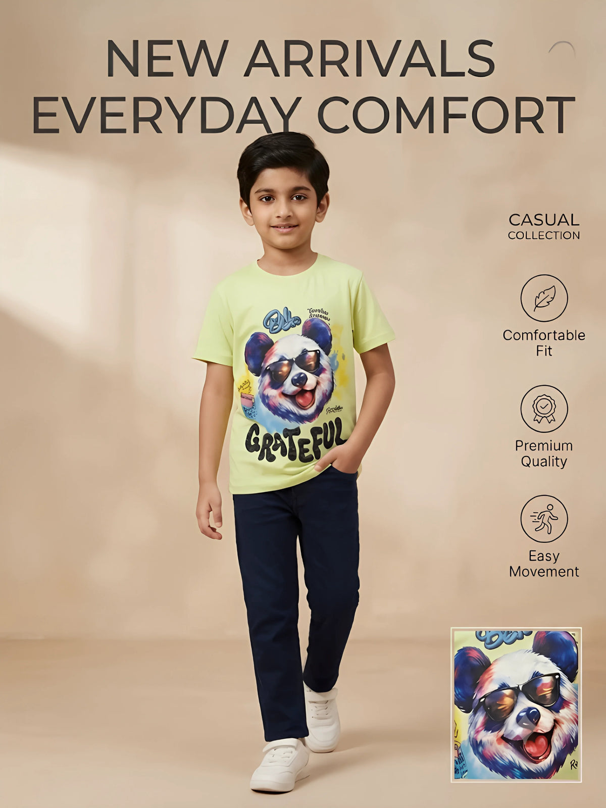 Light Green Panda Graphic Printed Kids T-Shirt