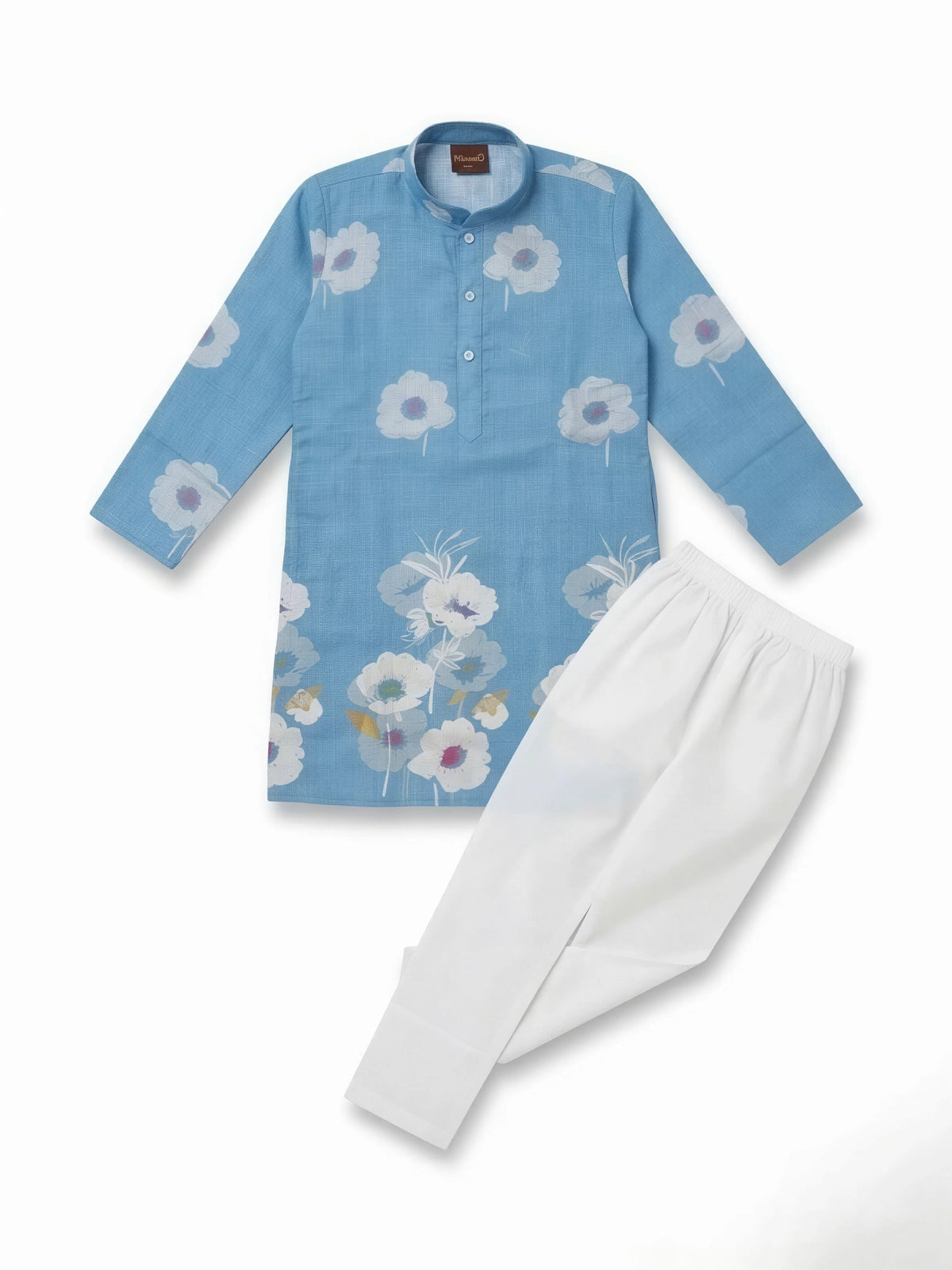 Light Blue Floral Print Kurta Pajama Set for Boys