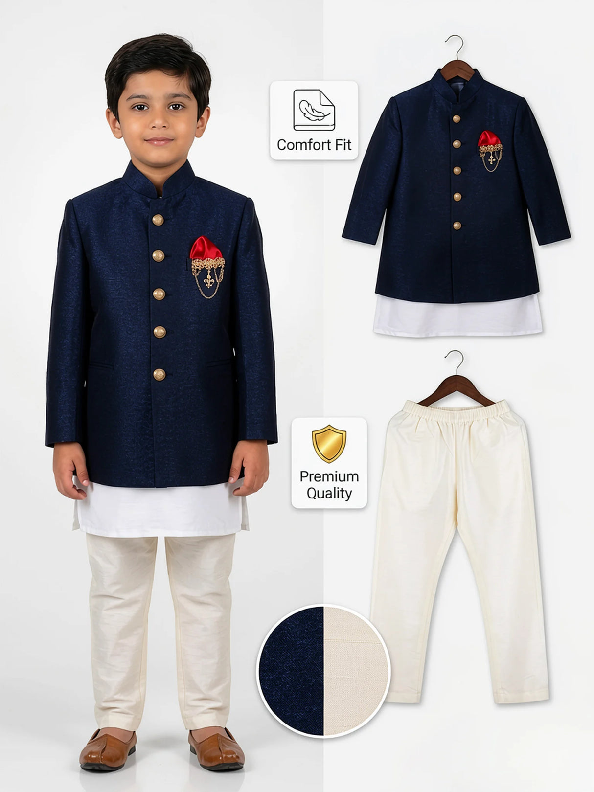 Boys Navy Blue Jodhpuri Sherwani Set with Pocket Square ()