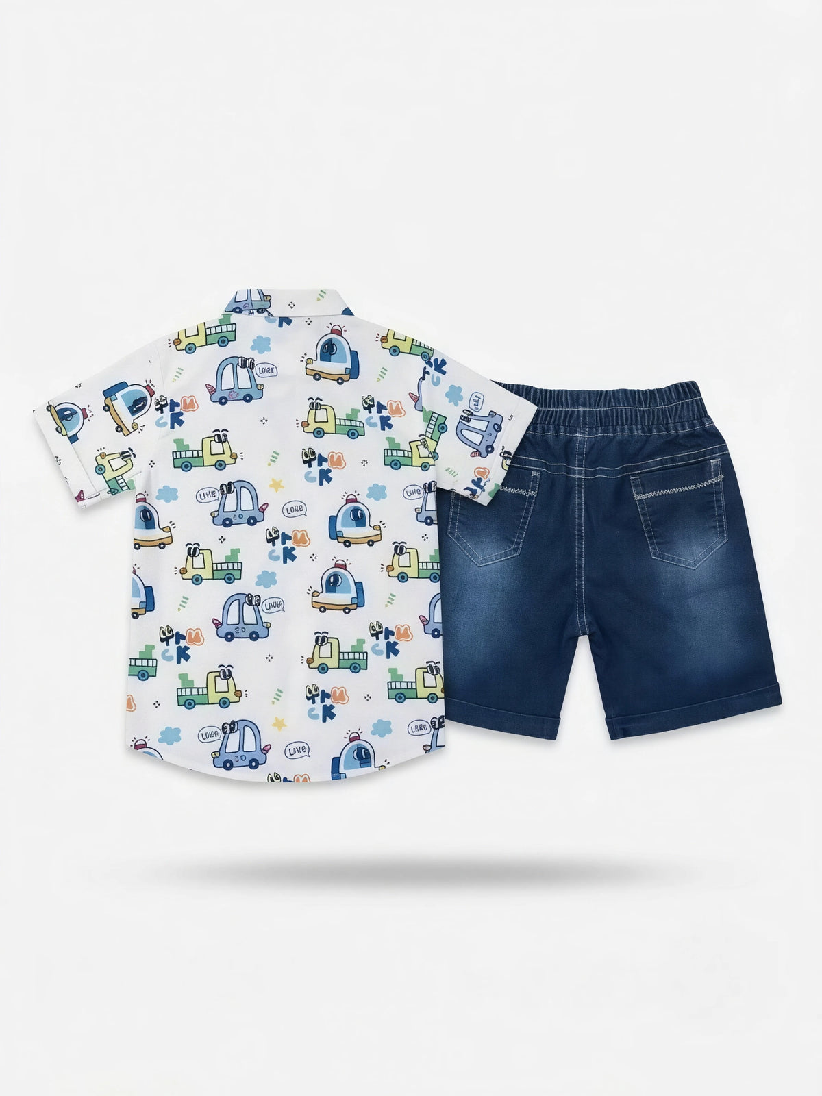Boys White Vehicle Print Shirt & Denim Shorts Set.