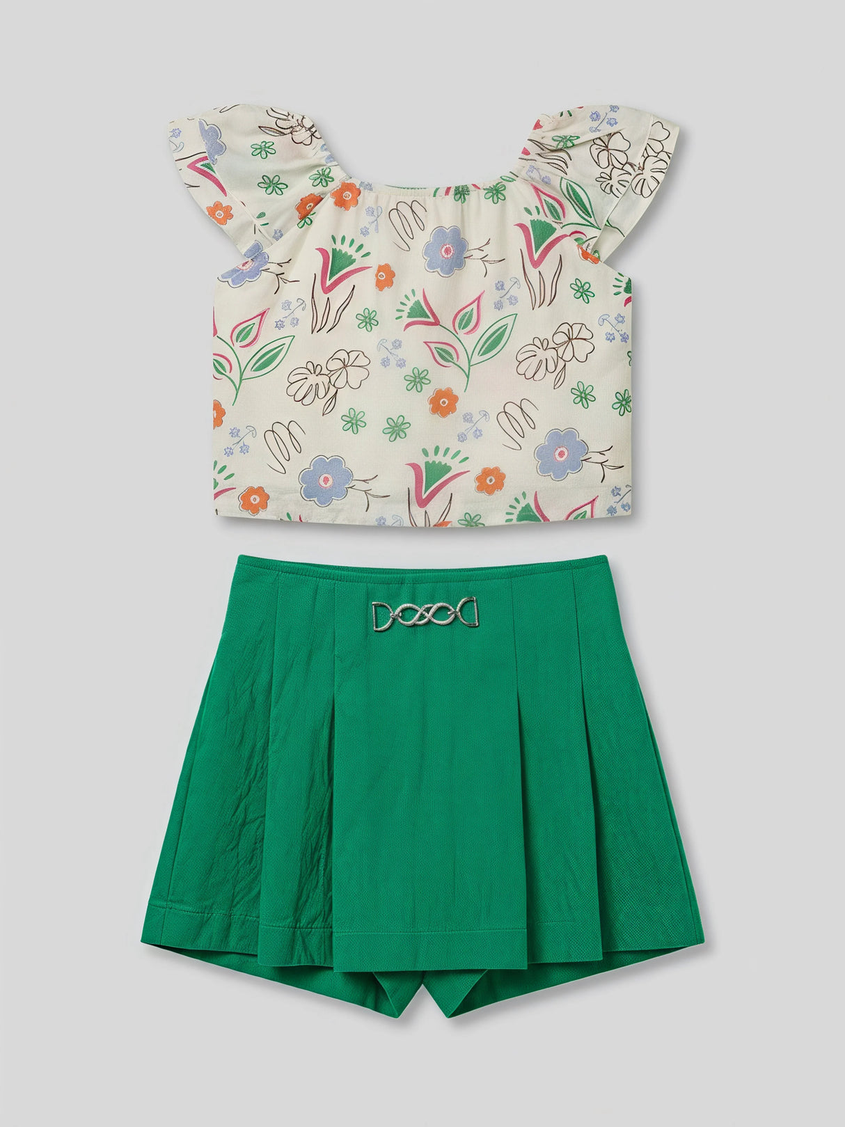 Girls Off-White Printed Top with Green Skirt Set.