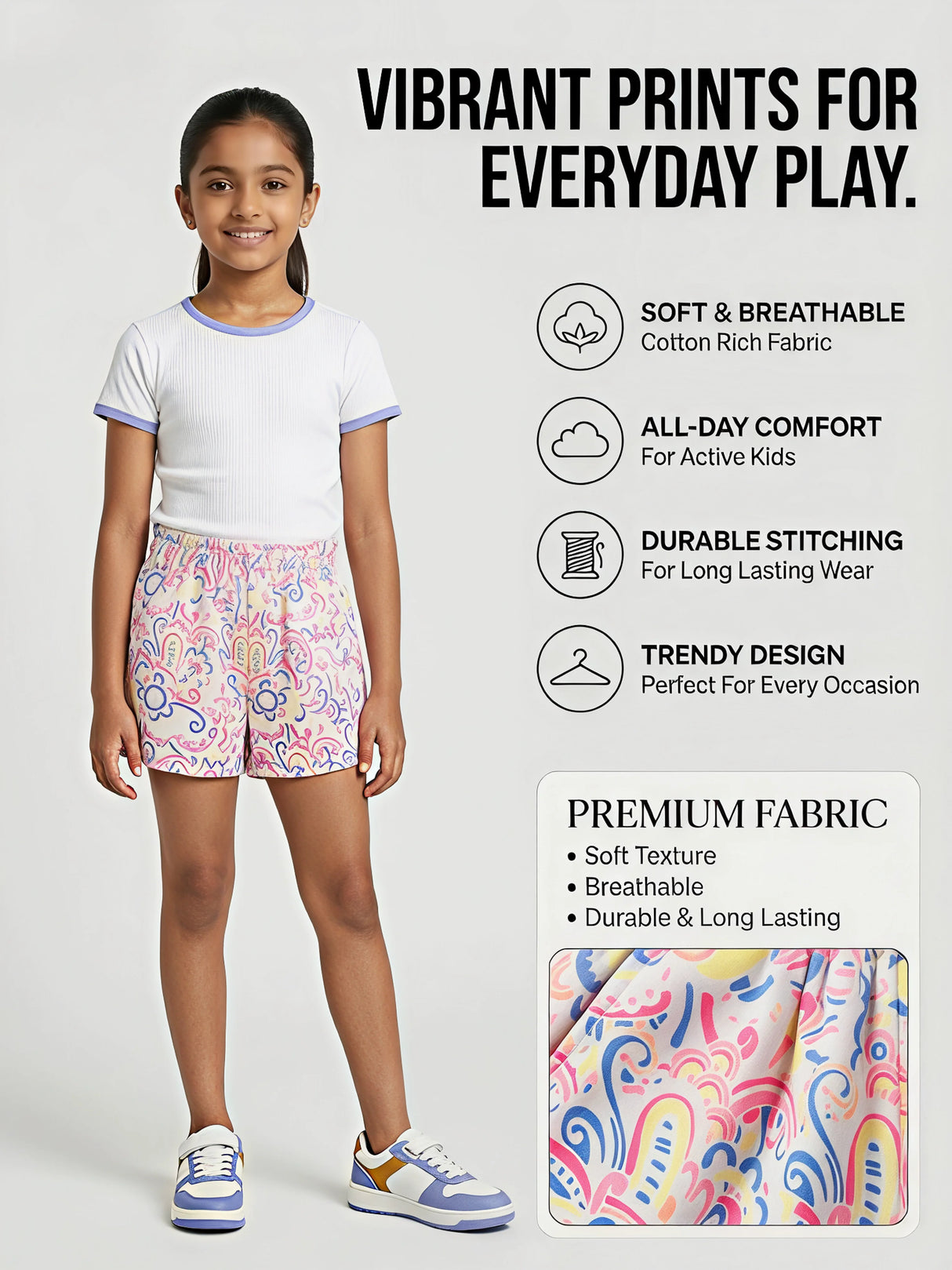 Girls' White Printed Casual Shorts with Pockets