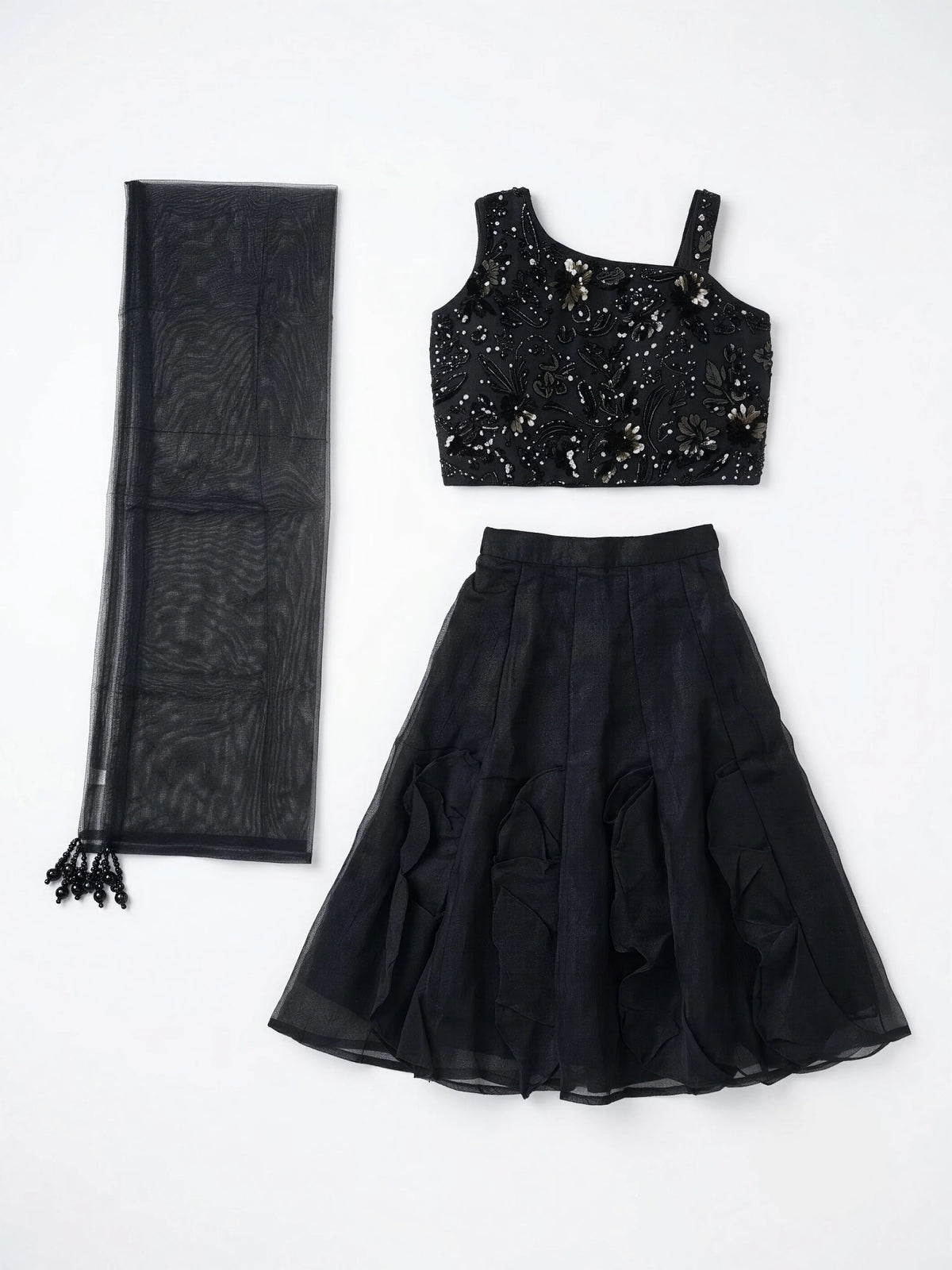 Girls Black Sequined Choli Lehenga Set.