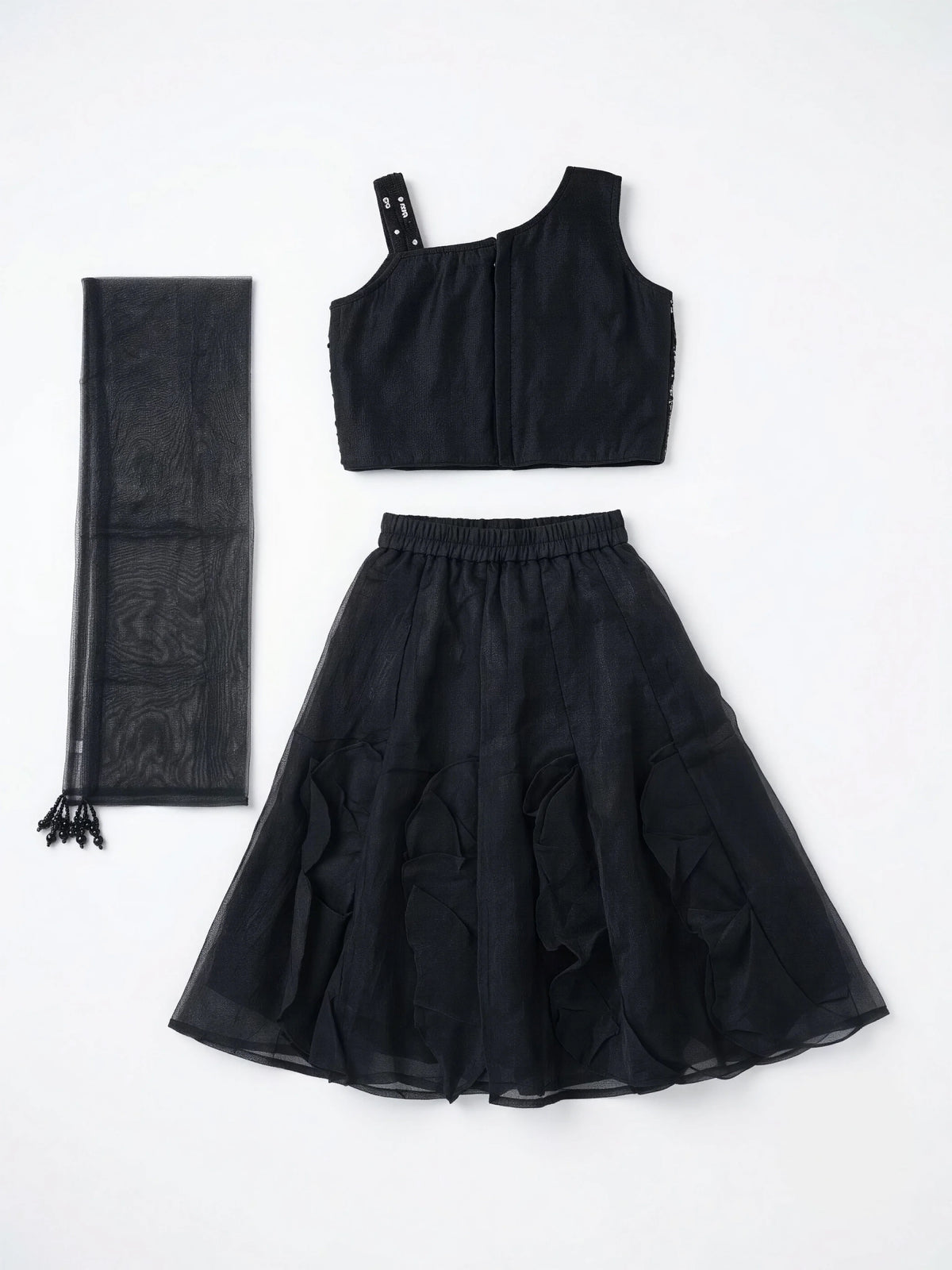 Girls Black Sequined Choli Lehenga Set.