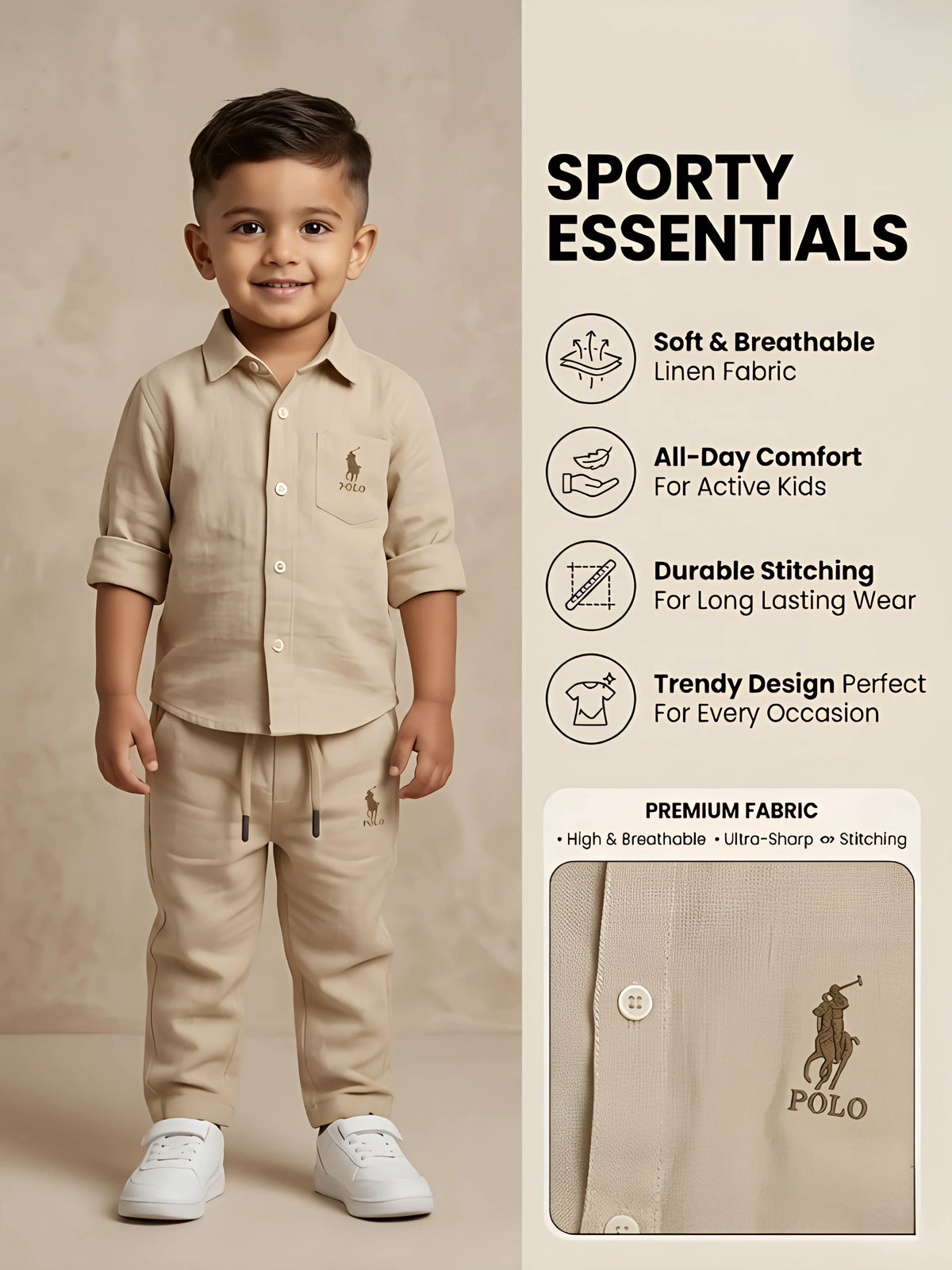 Boys Cream Solid Co-ord Set.