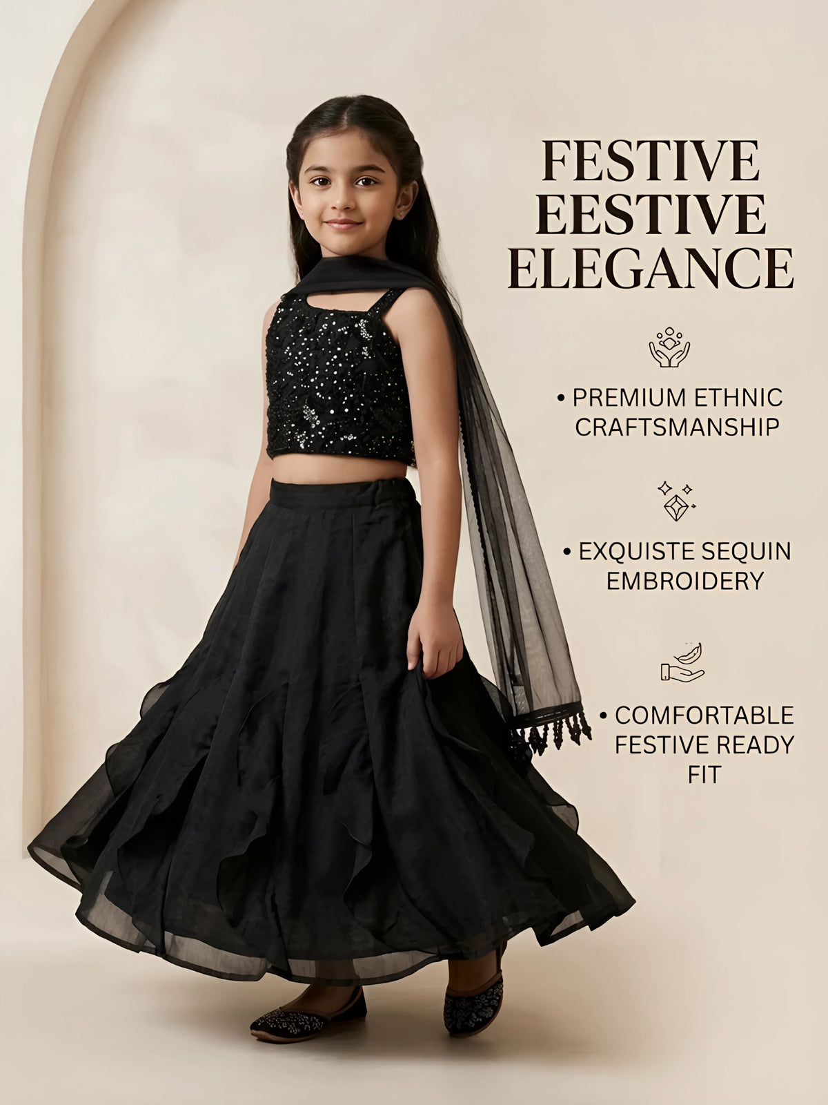 Girls Black Sequined Choli Lehenga Set.
