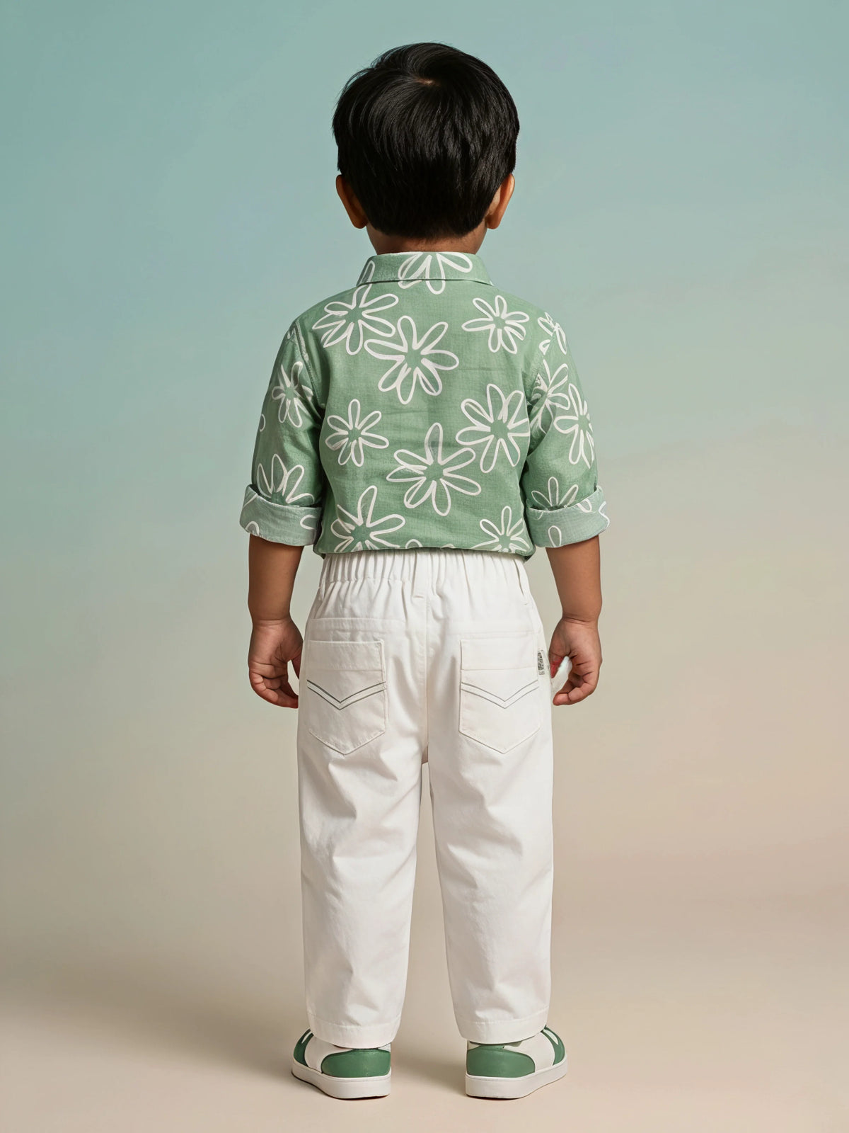 Boys Green Floral Shirt and White Trousers Co-ord Set.