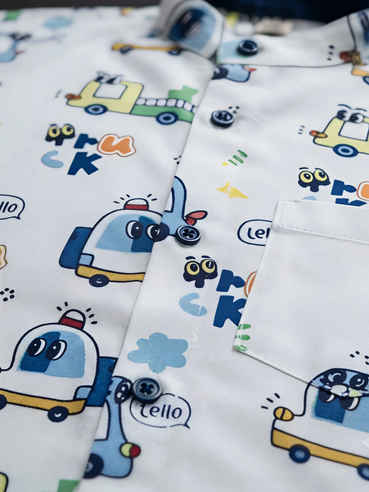 Boys White Vehicle Print Shirt & Denim Shorts Set.