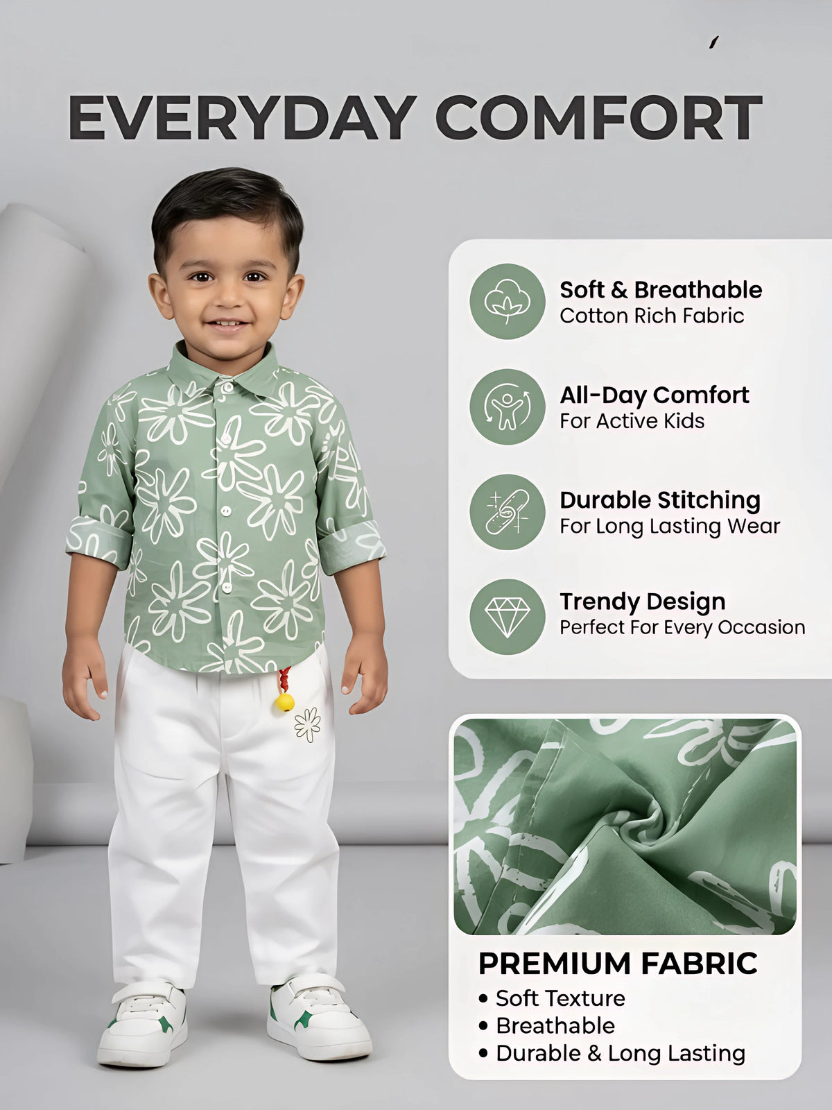 Boys Green Floral Shirt and White Trousers Co-ord Set.
