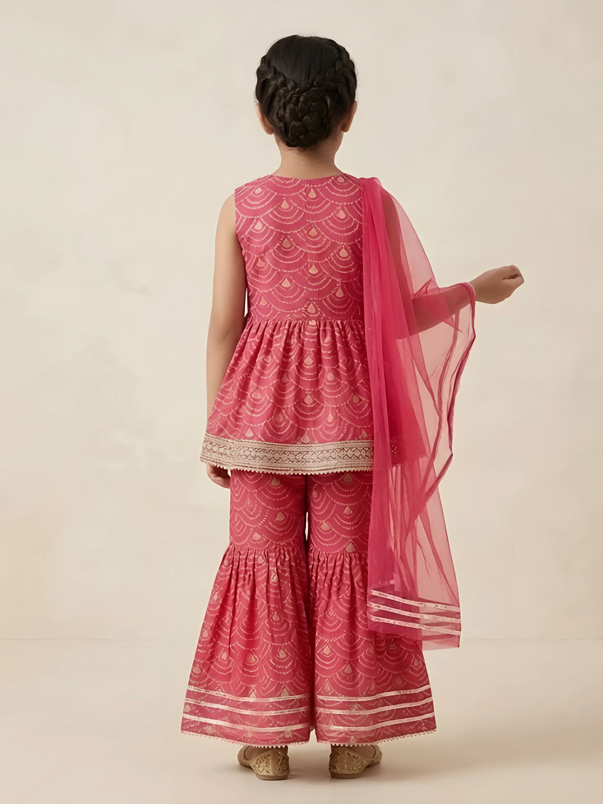 Girls Rani Pink Printed Sharara Set with Dupatta.