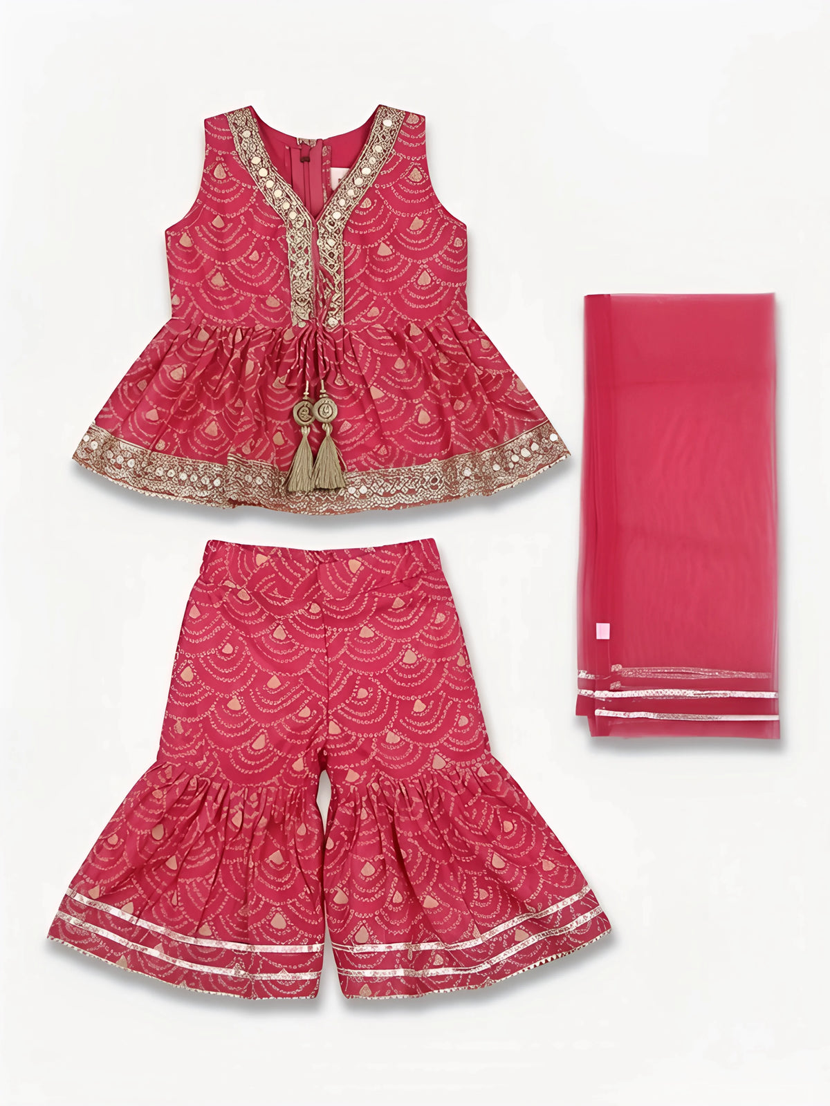 Girls Rani Pink Printed Sharara Set with Dupatta.