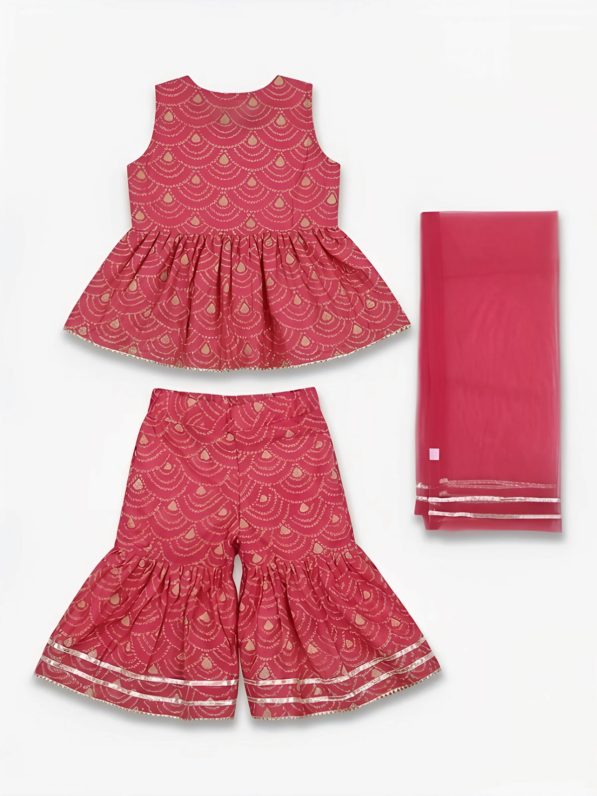 Girls Rani Pink Printed Sharara Set with Dupatta.