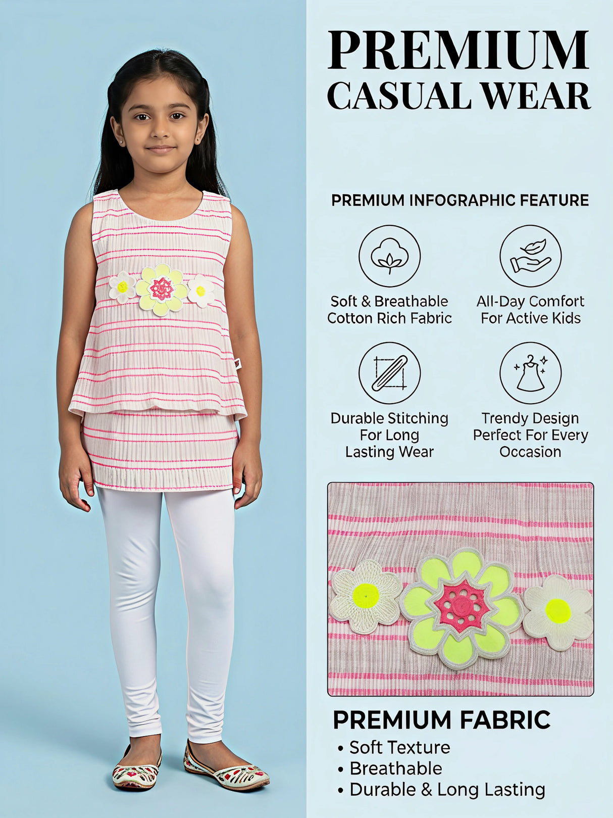 Girls Pink Striped Floral Sleeveless Top
