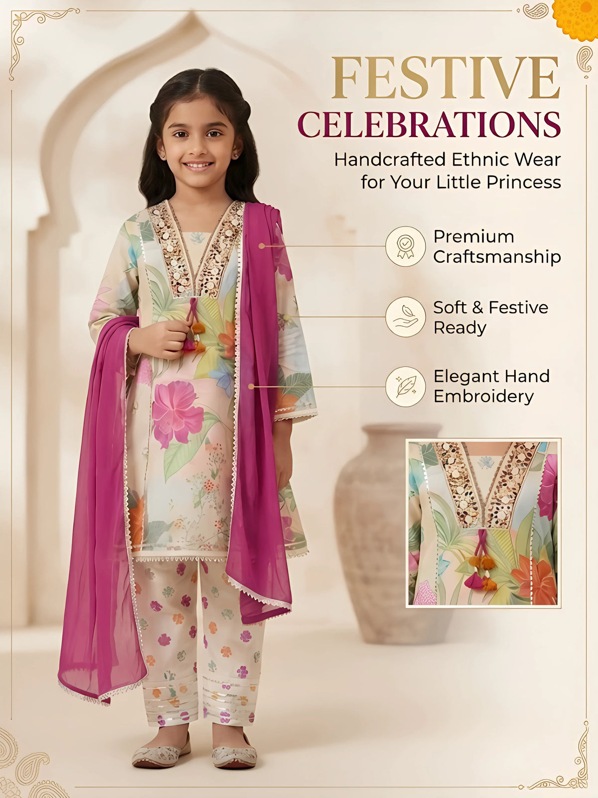 Green Floral Print Patiala Suit for Girls with Dupatta