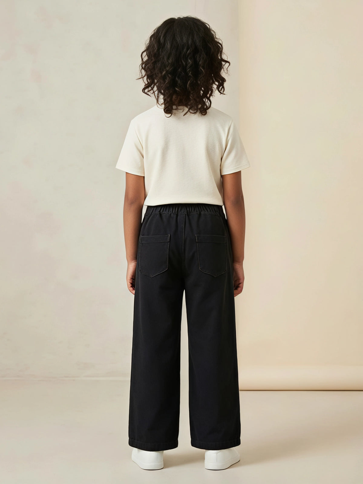Girls Black Drawstring Wide Leg Casual Pants.
