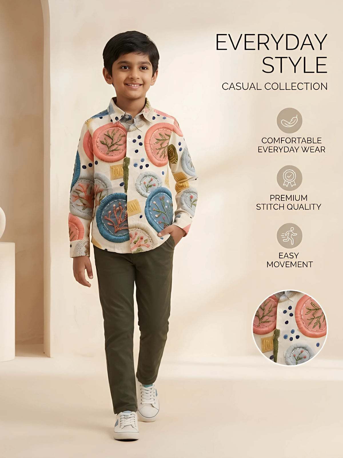 Cream Embroidered Pattern Shirts with T-Shirt Set