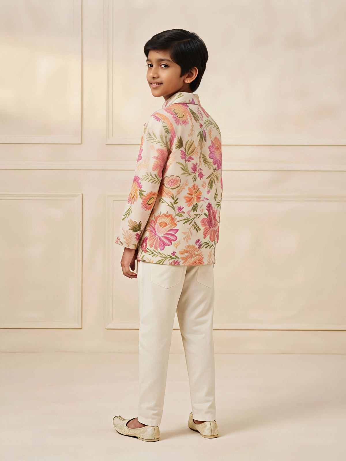 Cream Floral Printed Kurta Pajama Set for Boys