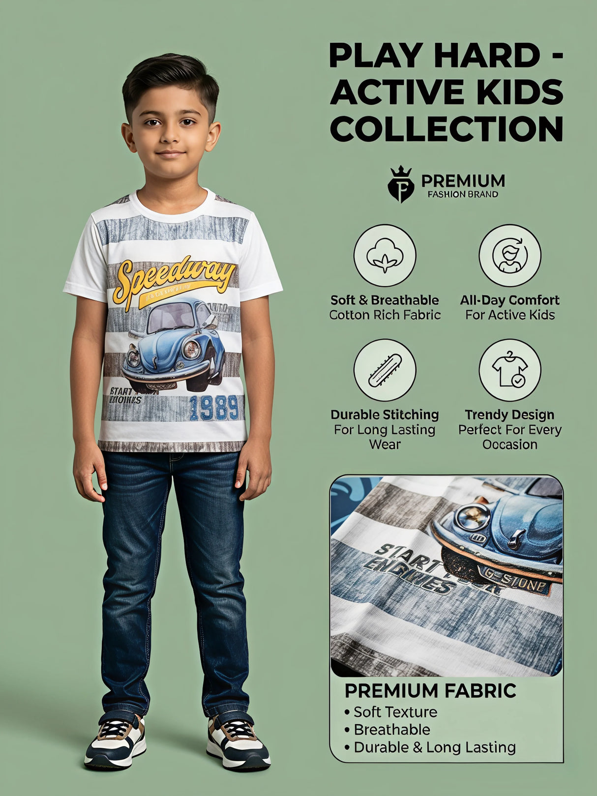 Boys White Speedway Vintage Car Graphic Print Cotton T-Shirt