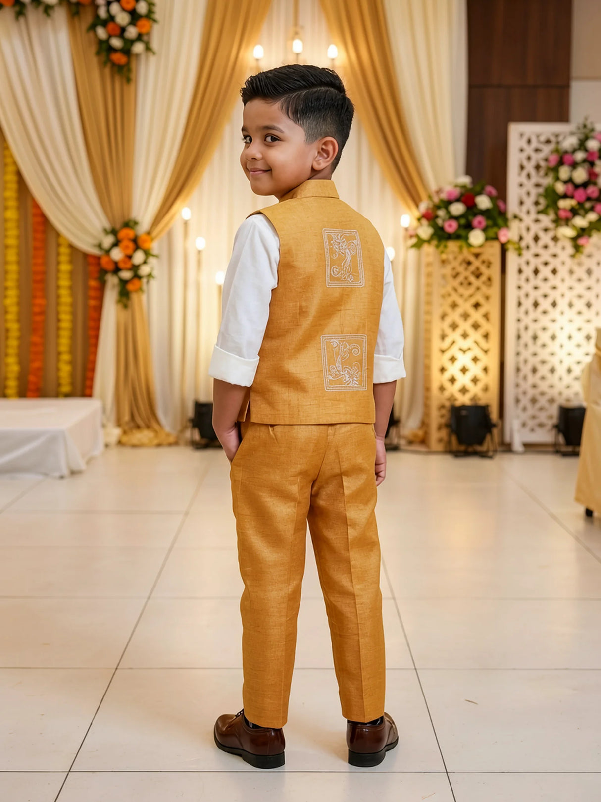 Boys Mustard Yellow Embroidered Waistcoat with Shirt and Trousers Set