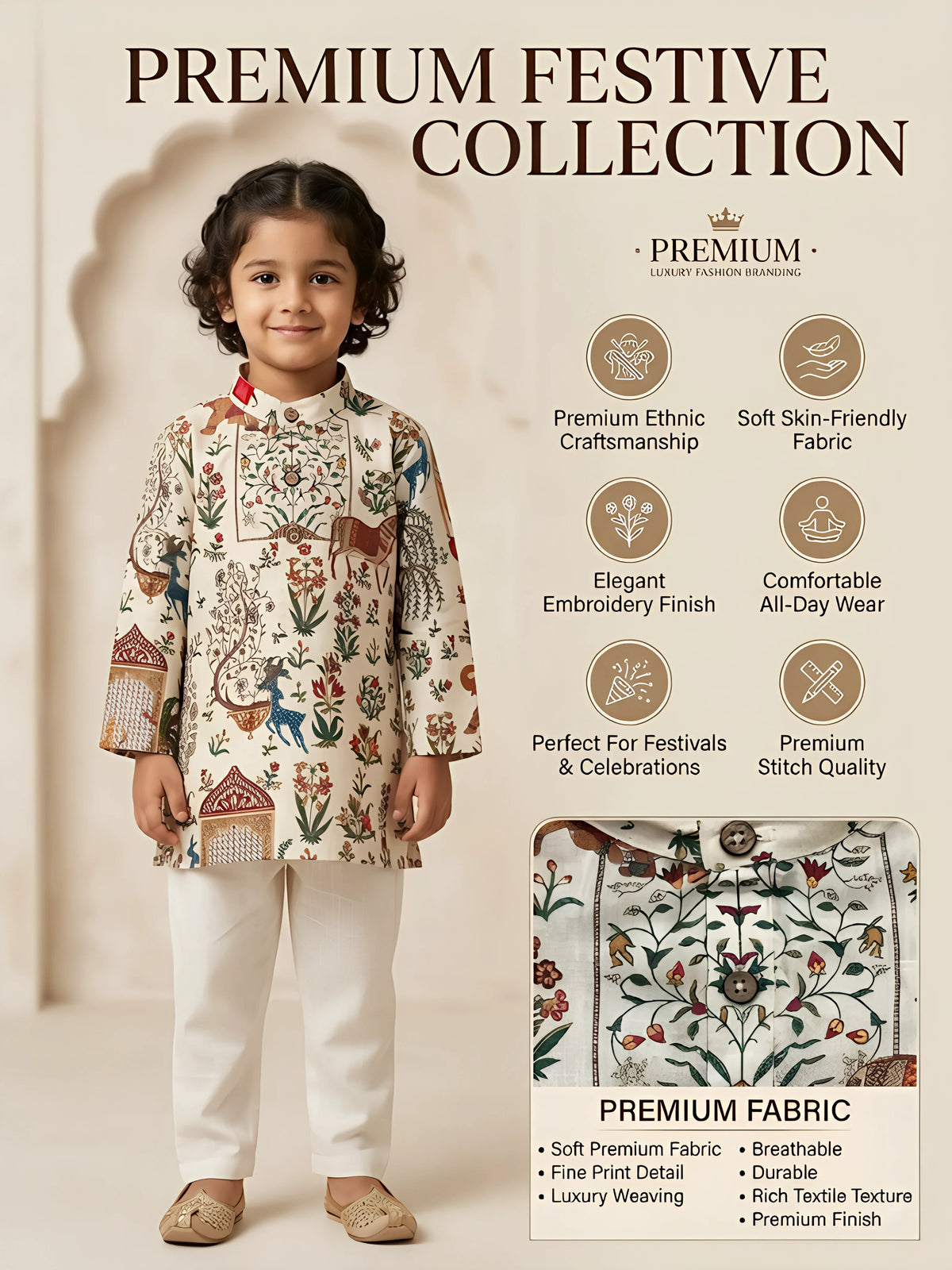 Boys Cream Floral & Animal Print Kurta Set