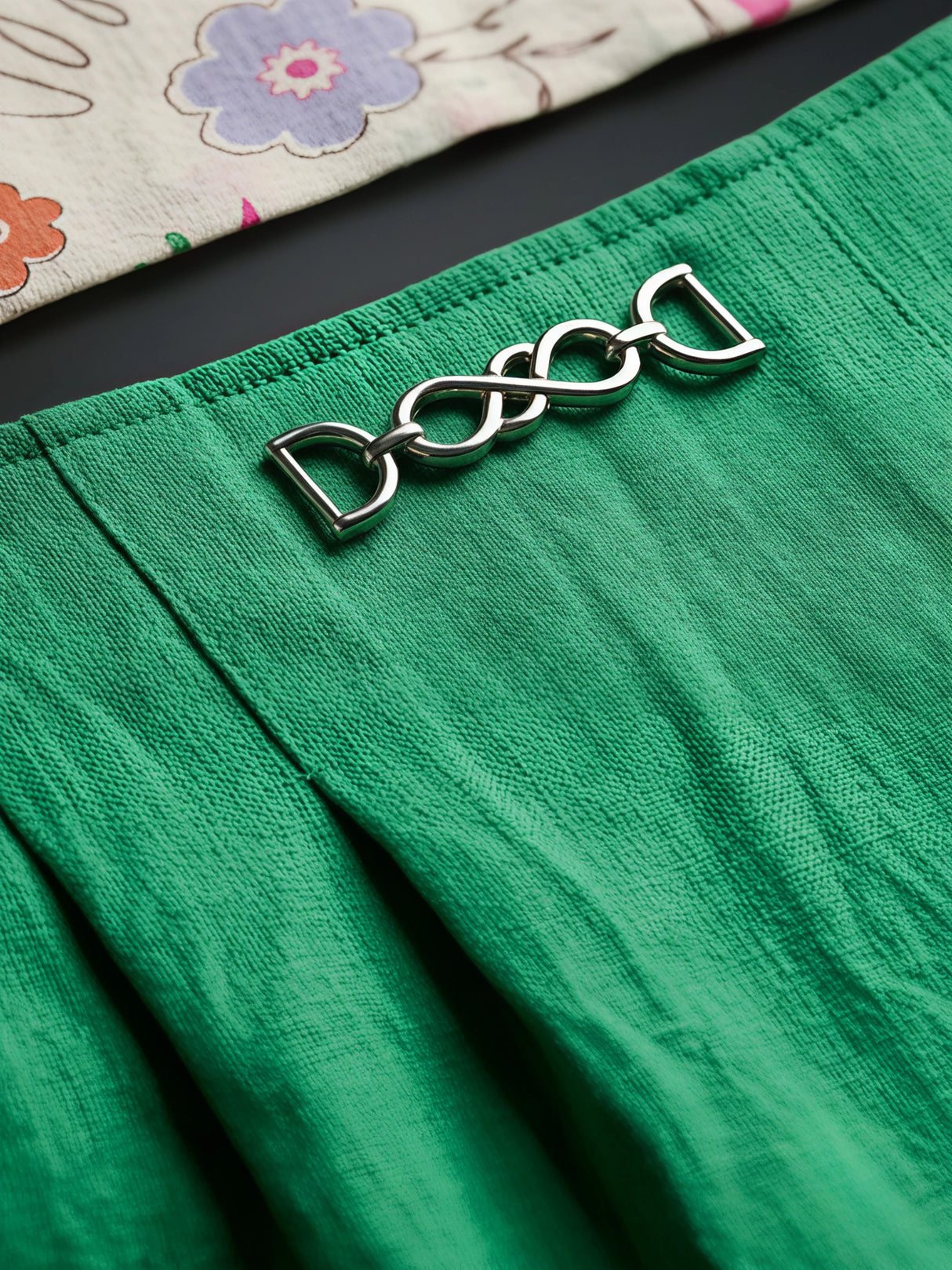 Girls Off-White Printed Top with Green Skirt Set.