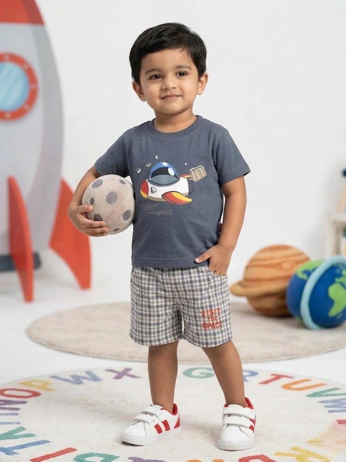 Boys Space Theme Grey Cotton T-shirt and Checkered Shorts Set