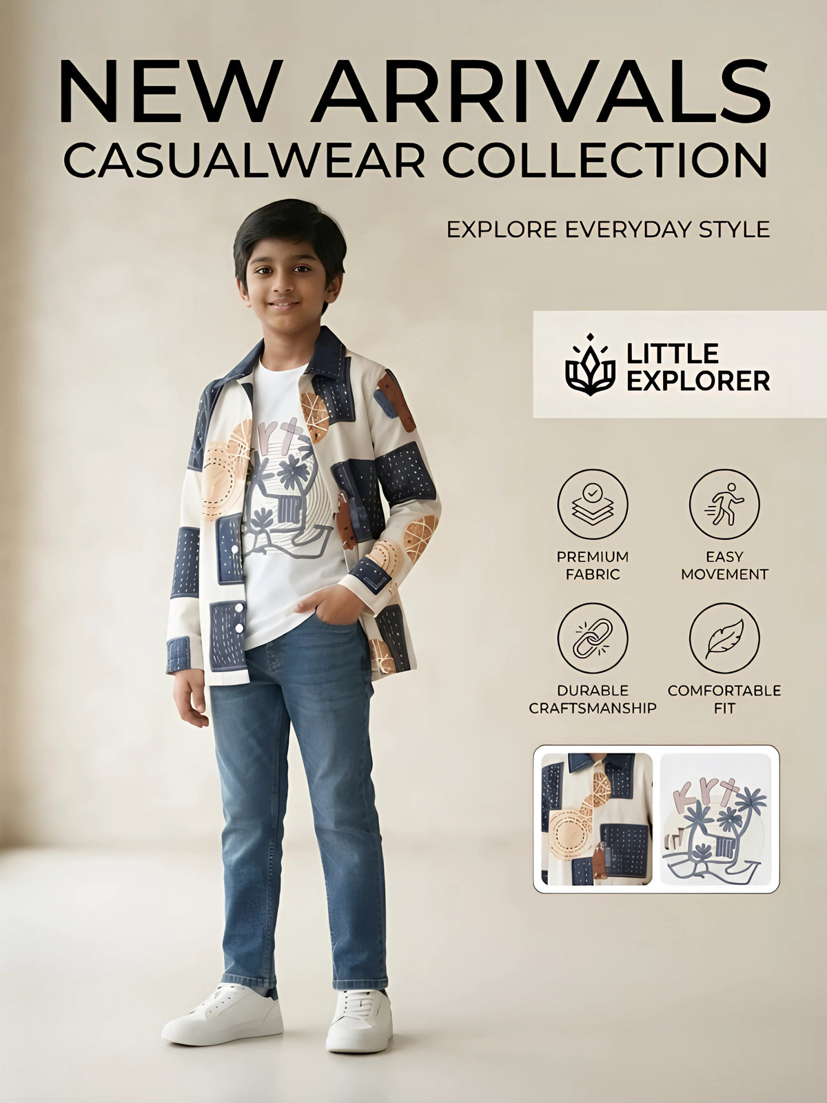 Boys Cream Printed Full Sleeve Casual Shirt and T-Shirt Set