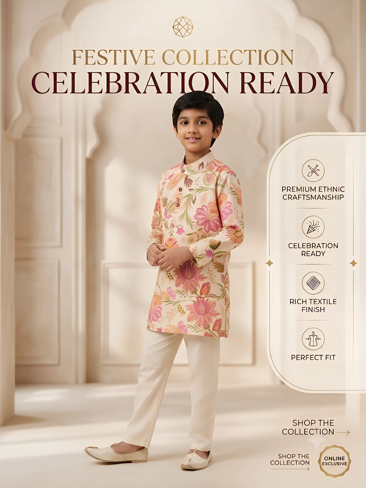 Cream Floral Printed Kurta Pajama Set for Boys