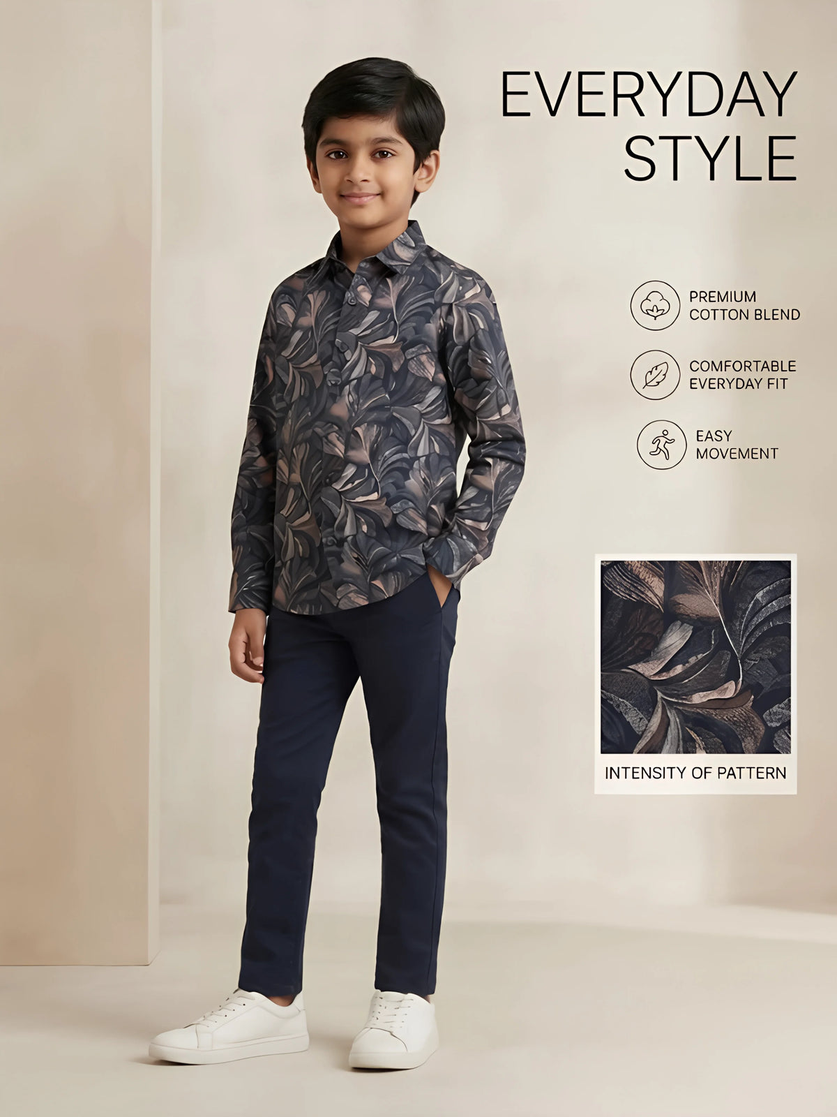 Boys Black Floral Printed Casual Full Sleeve Shirt