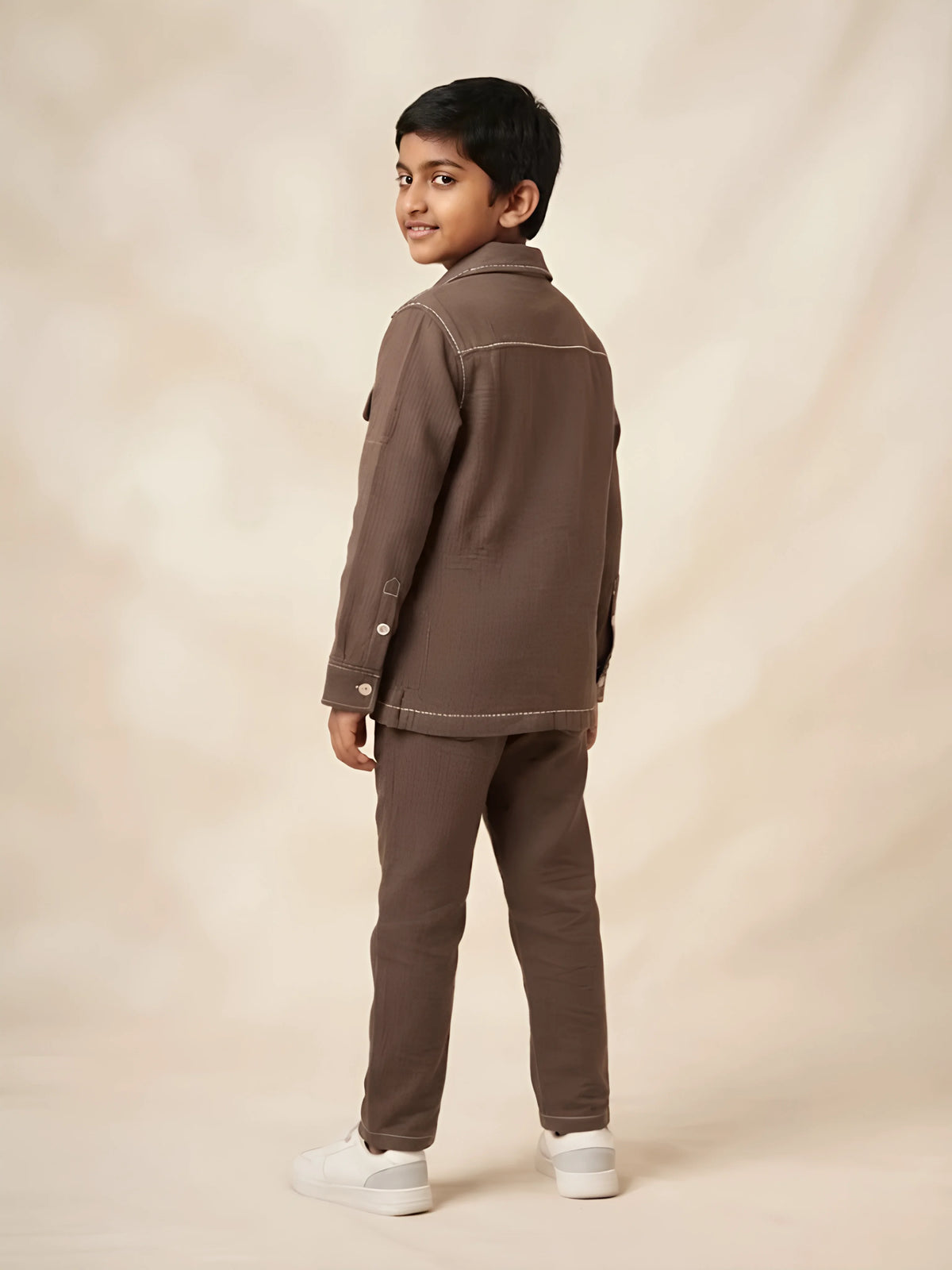 Boys Brown Full Sleeve Casual Shirt with Inner T-Shirt