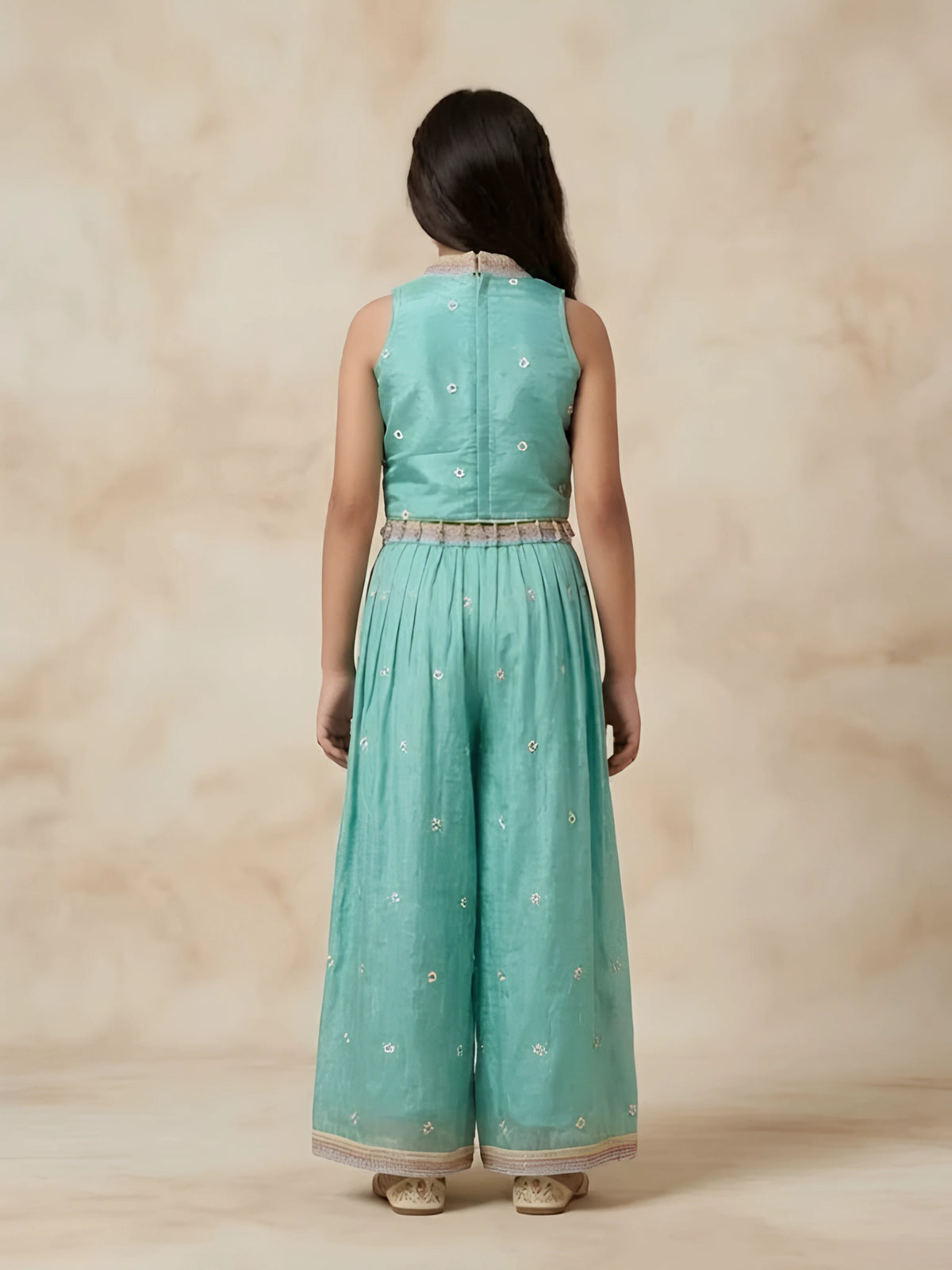 Girls Sea Green Floral Embroidered Palazzo Set.