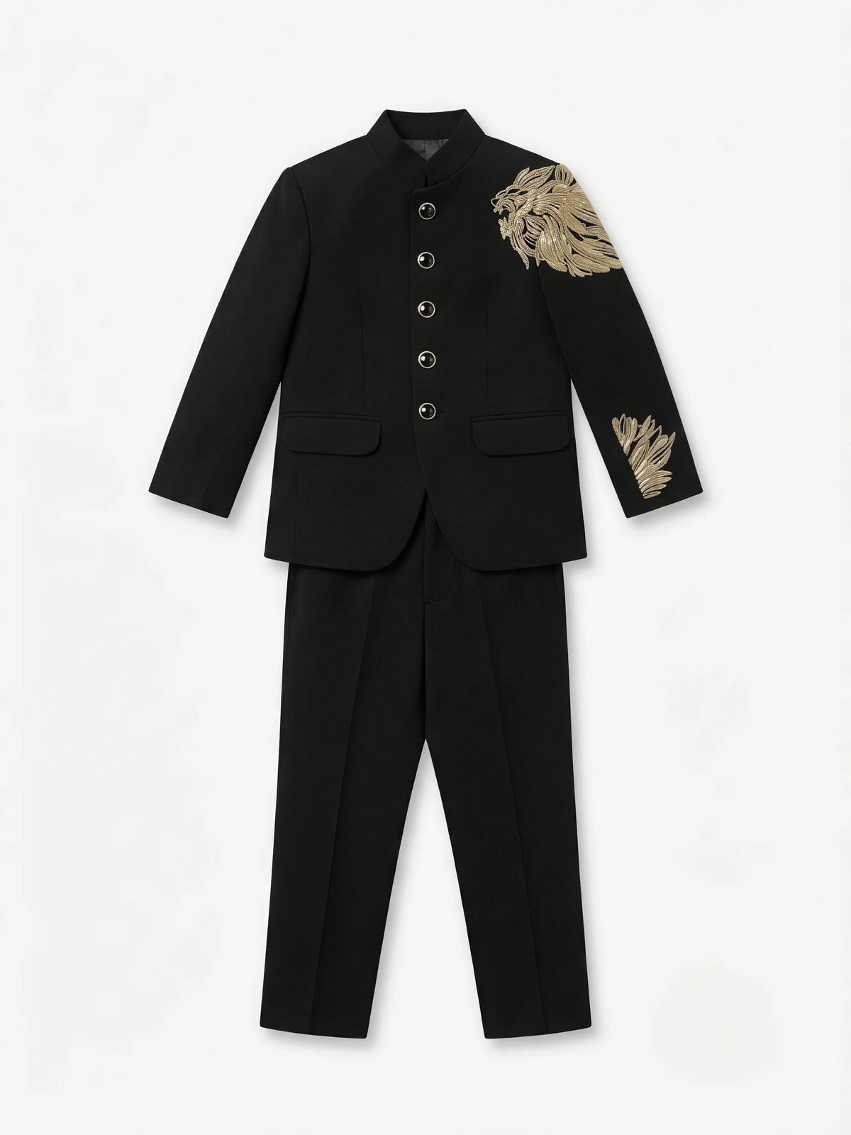 Black Gold Lion Embroidery Jodhpuri Suit Set for Boys