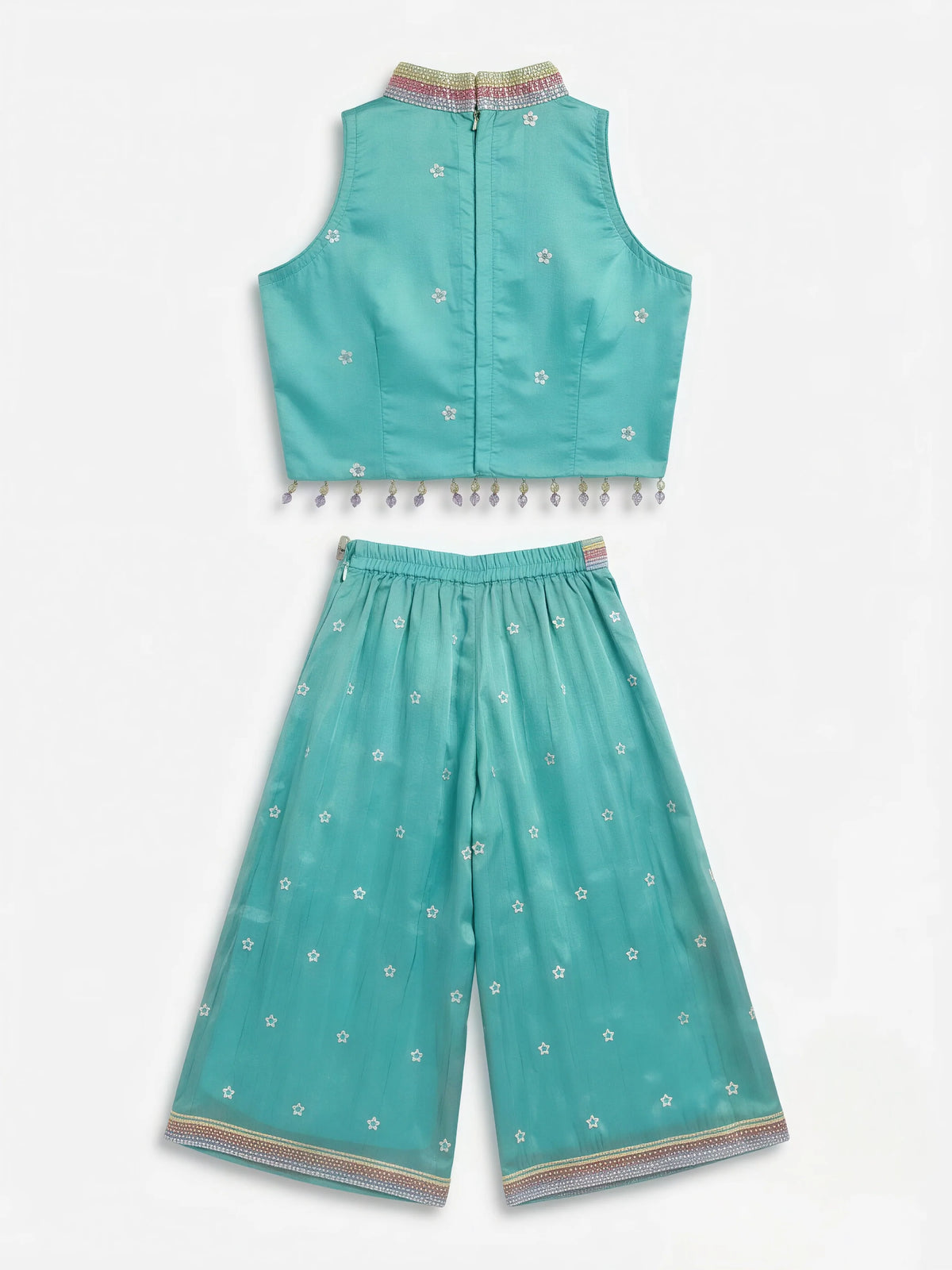 Girls Sea Green Floral Embroidered Palazzo Set.