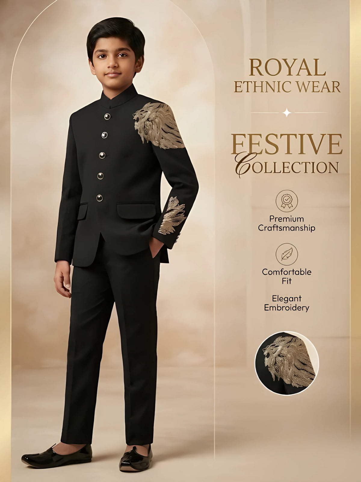 Black Gold Lion Embroidery Jodhpuri Suit Set for Boys
