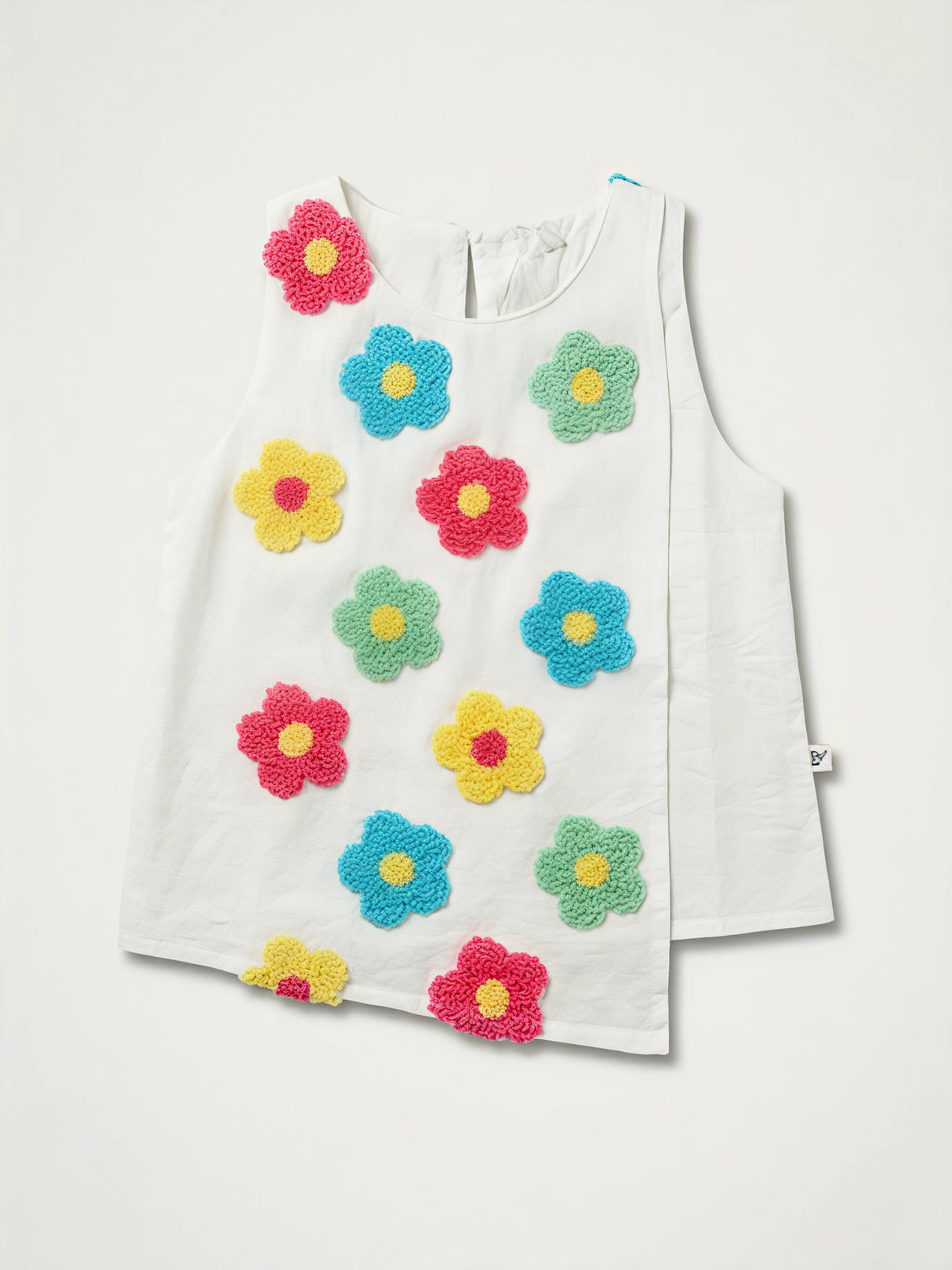 Girls White Floral Chenille Patch Cotton Top