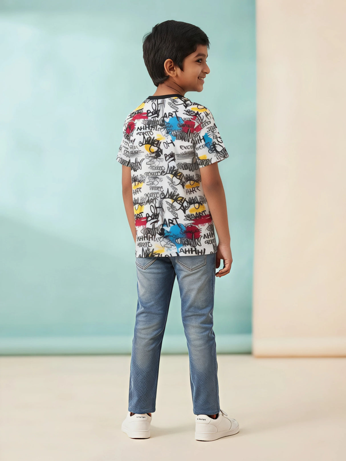 Boys Multicolor Graffiti Printed Round Neck T-Shirt