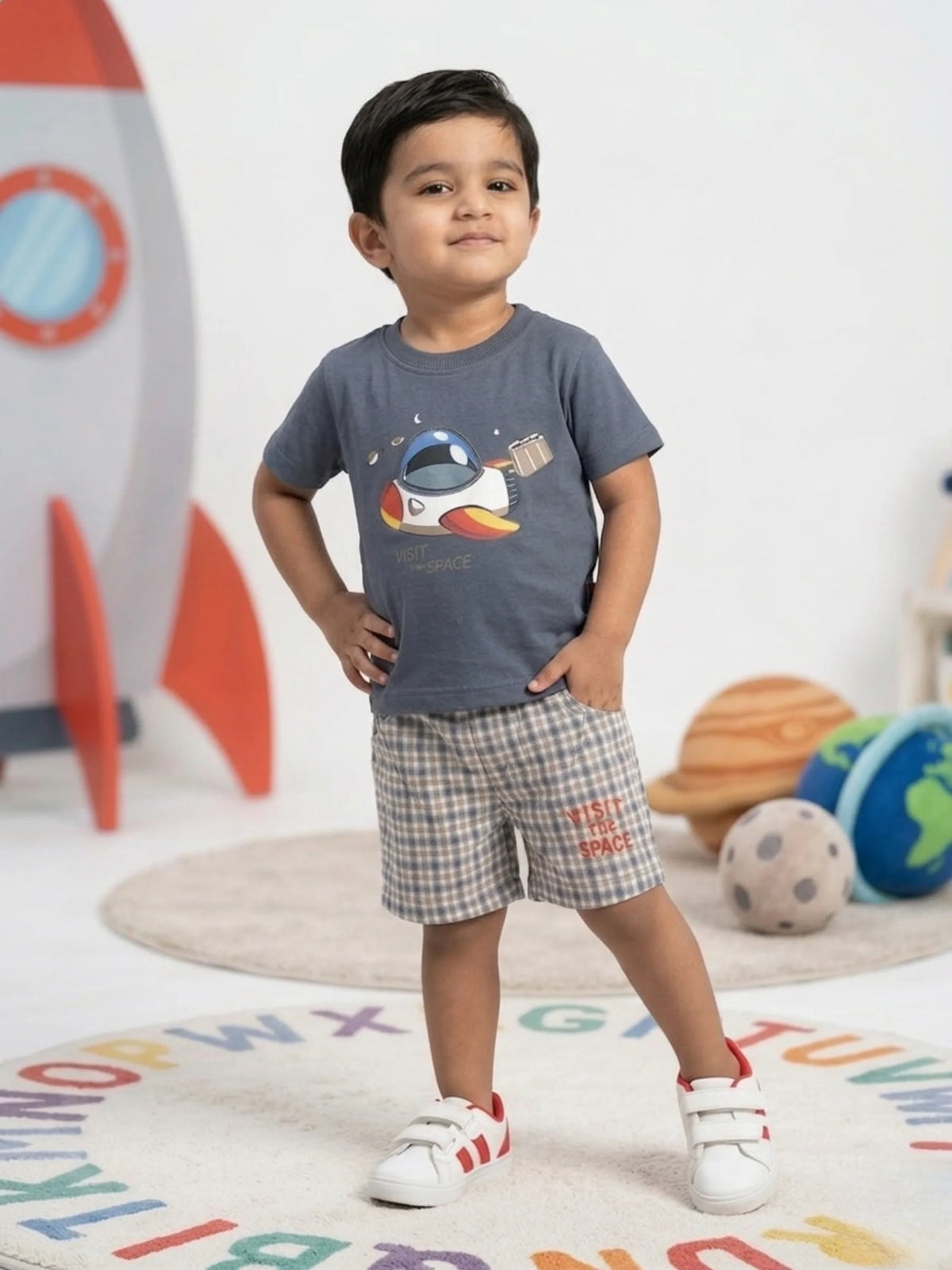 Boys Space Theme Grey Cotton T-shirt and Checkered Shorts Set