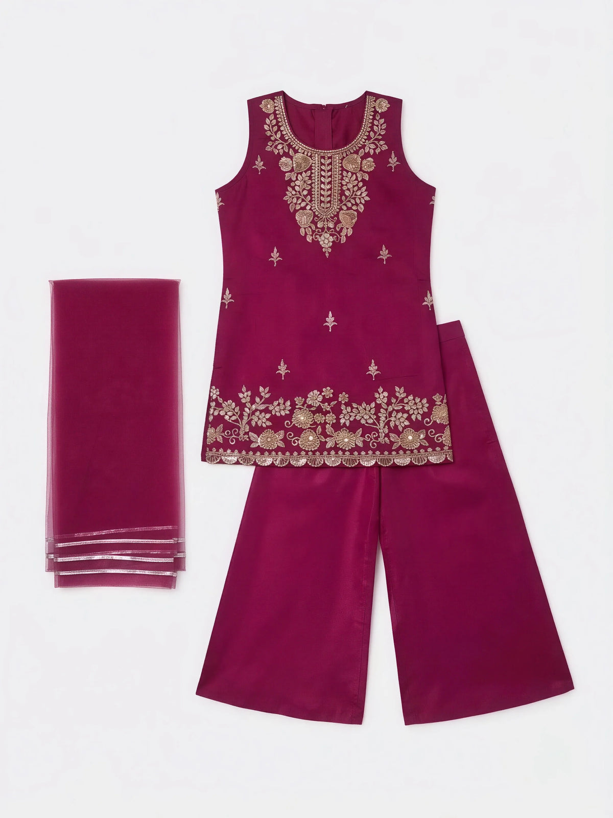 Girls Purple Embroidered Kurta Palazzo Set.