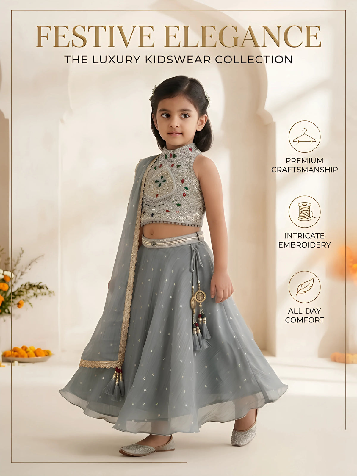 Grey Embellished Halter Neck Choli Set