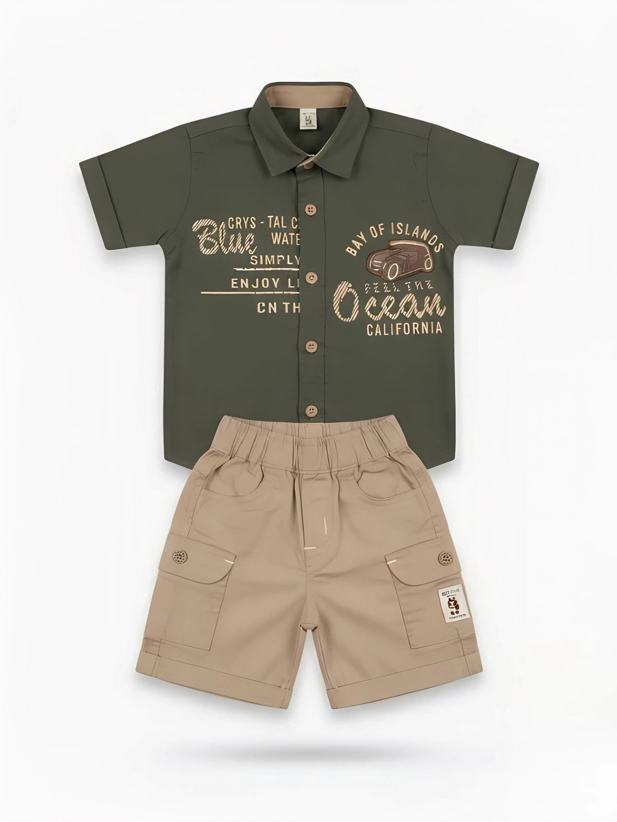 Boys Green Printed Shirt with Beige Cargo Shorts Set.