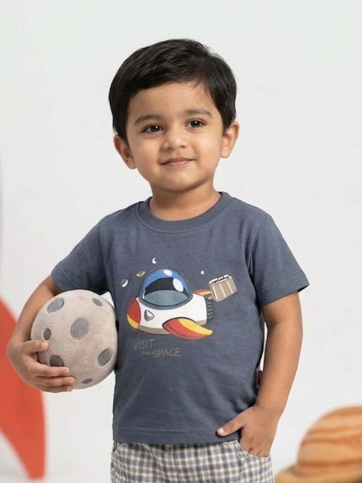 Boys Space Theme Grey Cotton T-shirt and Checkered Shorts Set