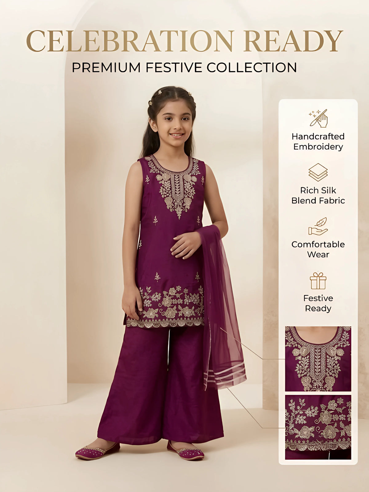 Girls Purple Embroidered Kurta Palazzo Set.
