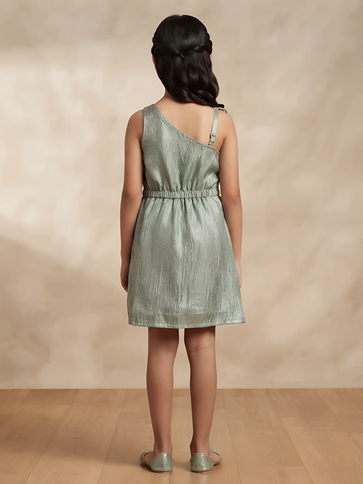 Green Rose Applique One Shoulder Frocks