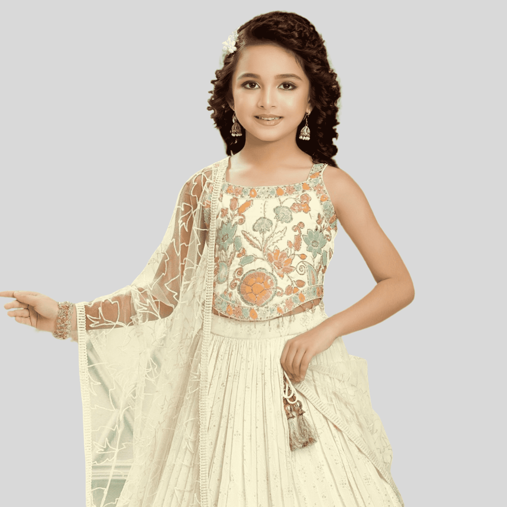 Girls Traditional 3/4th Sleeves Long Choli - Cream