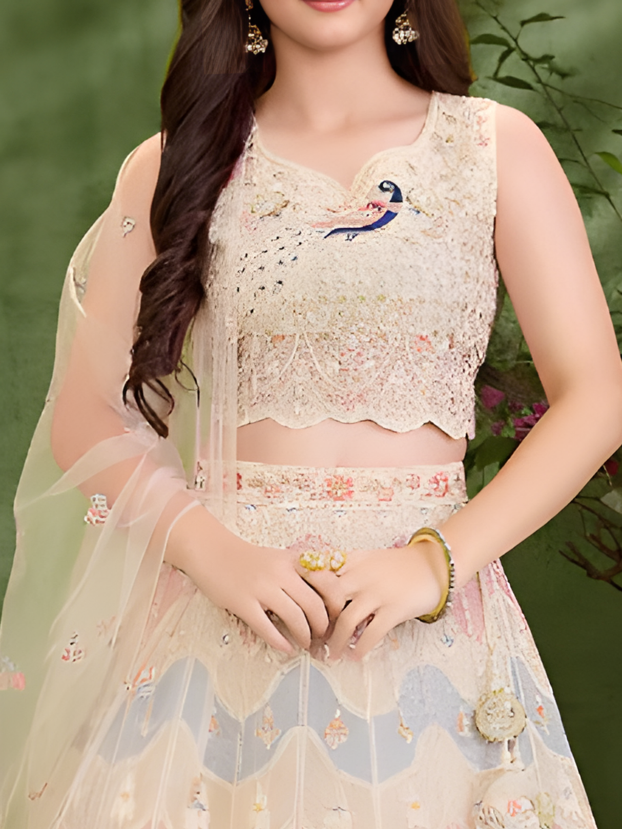 Girls' Cream Beige Lehenga Choli with Pastel Peacock Embroidery