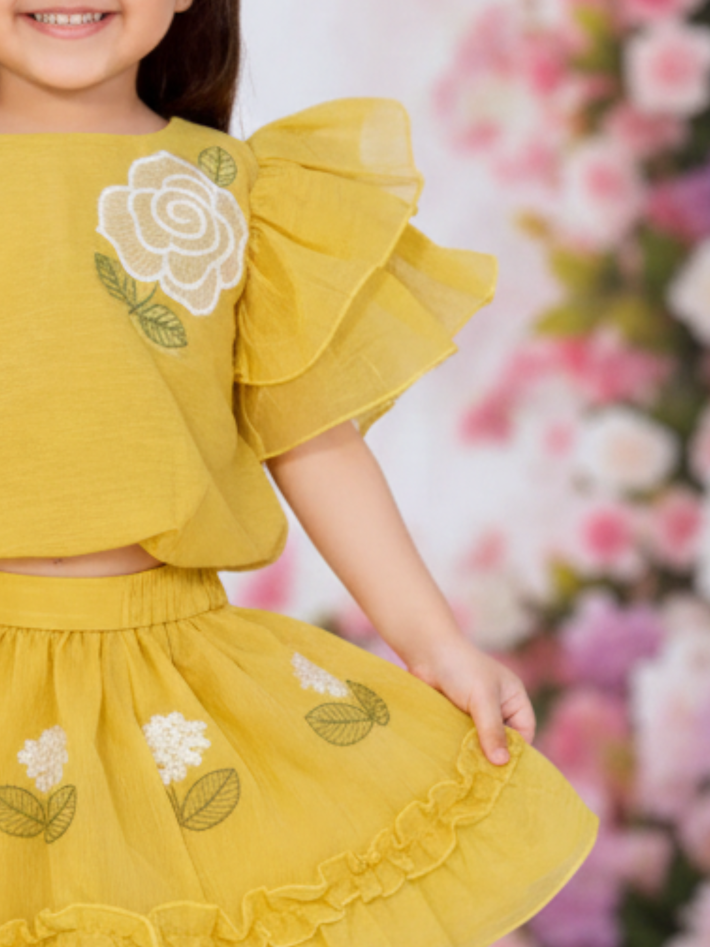 Chic Mustard Yellow Ruffle Top and Skirt Set with Floral Embroidery