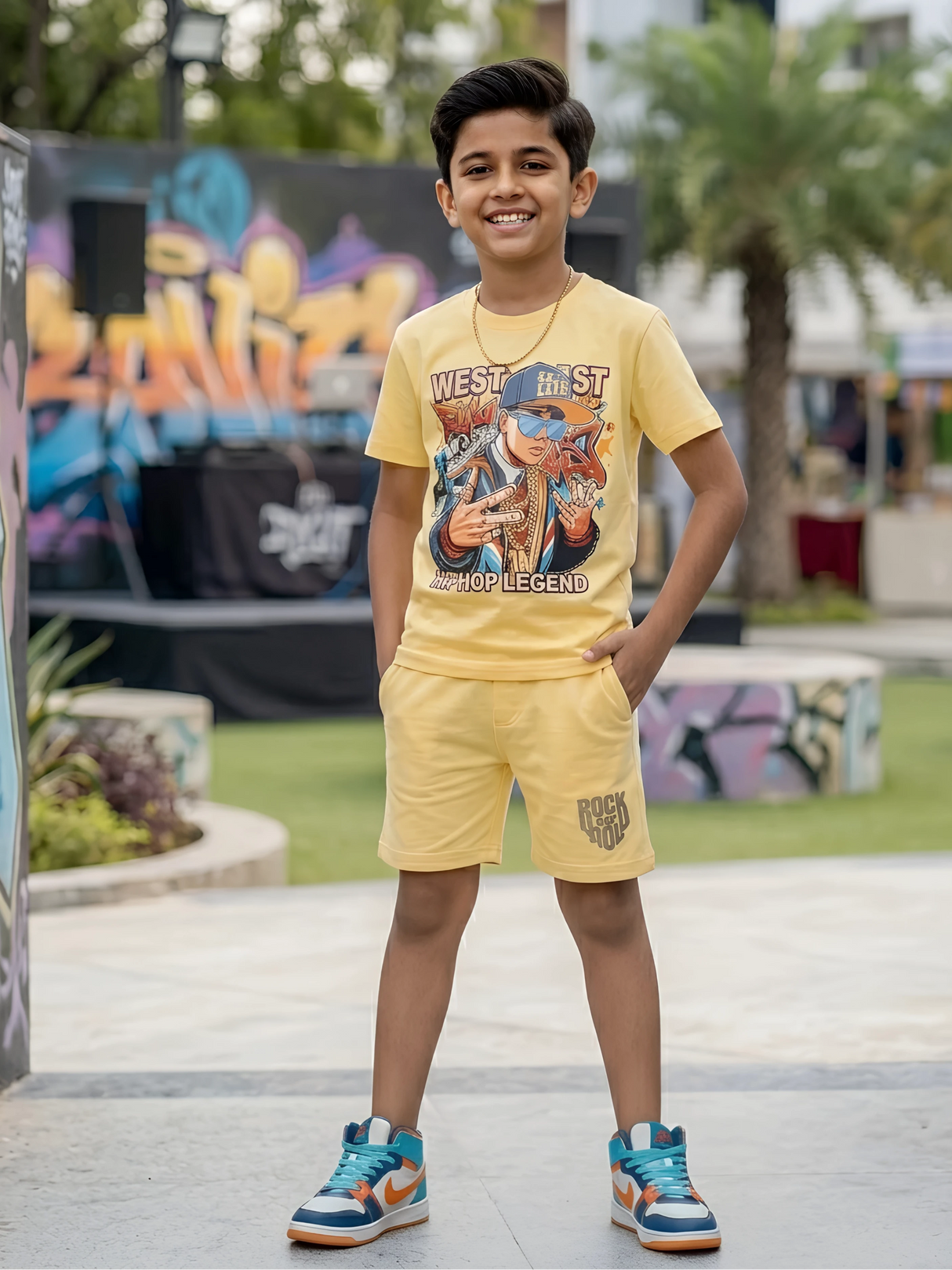 Boys Urban Hip-Hop Graphic Print Yellow Coordinate Set